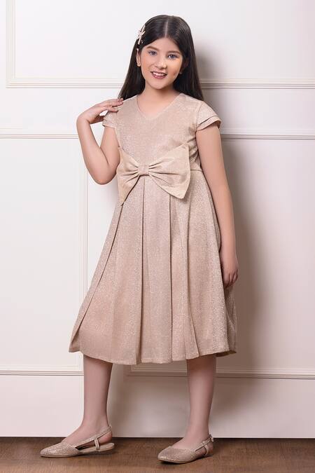 Littlecheer_Gold Lurex Bows Bling Bae Front Dress _at_Aza_Fashions