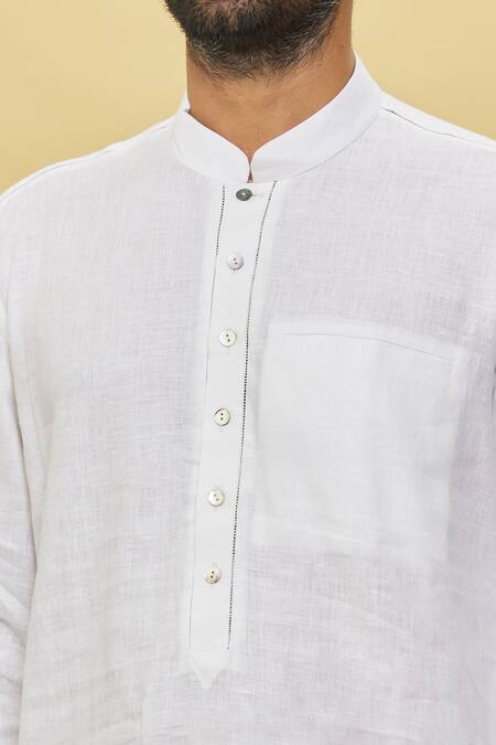 Aqube By Amber_White Linen Short Kurta_at_Aza_Fashions