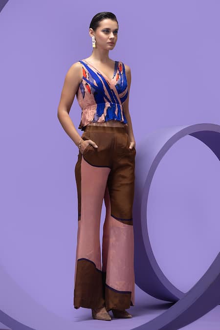 Shop_Nautanky_Multi Color Chiffon, Crepe V-neck Artistic Print Crop Top And Pant Set _Online_at_Aza_Fashions