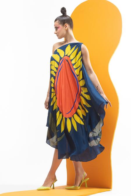 Buy_Nautanky_Multi Color Crepe Asymmetric One Shoulder Printed Draped Dress _Online_at_Aza_Fashions