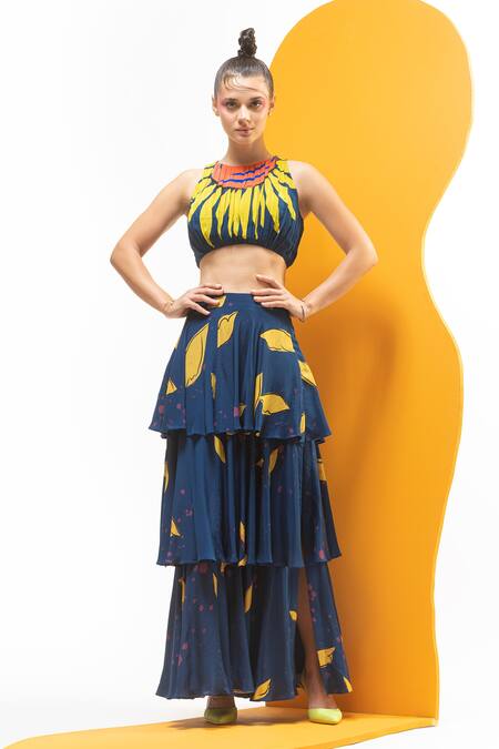 Shop_Nautanky_Blue Crepe Round Neck Artistic Print Crop Top And Tiered Skirt Set _Online_at_Aza_Fashions