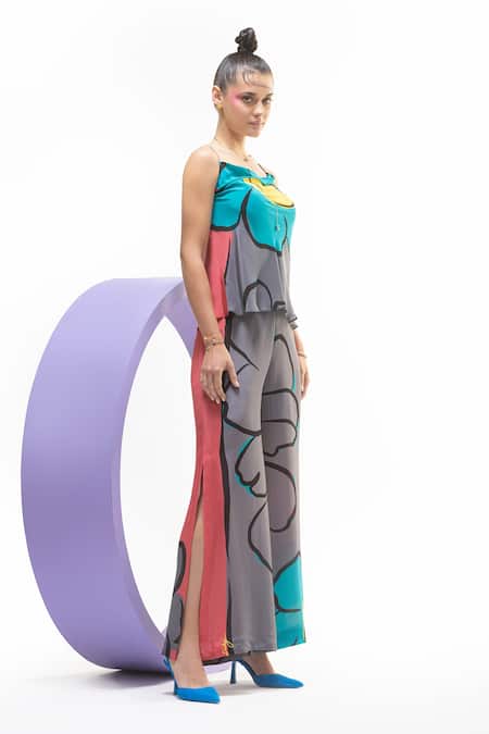 Shop_Nautanky_Grey Natural Crepe Printed Artistic Cowl Neck Camy Top And Slit Pant Set _Online_at_Aza_Fashions