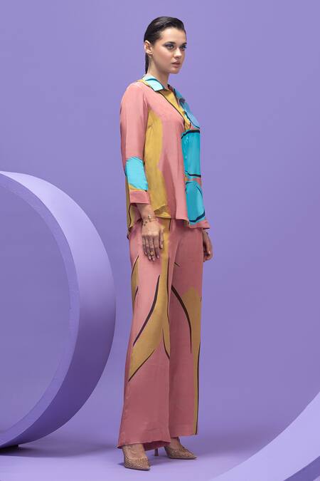 Buy_Nautanky_Multi Color Crepe Collared Abstract Print Oversized Shirt And Pant Set _Online_at_Aza_Fashions