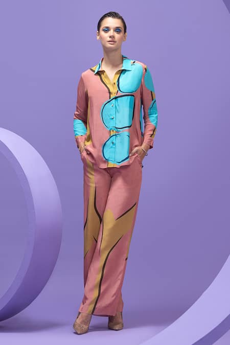 Shop_Nautanky_Multi Color Crepe Collared Abstract Print Oversized Shirt And Pant Set _Online_at_Aza_Fashions