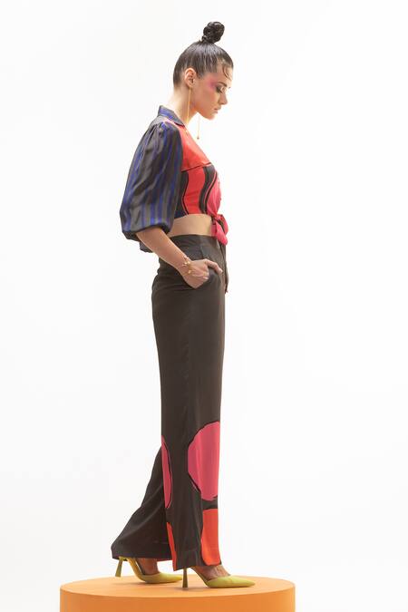 Nautanky_Grey Crepe Embroidery Collared Tie-up Crop Shirt And Pant Set _at_Aza_Fashions