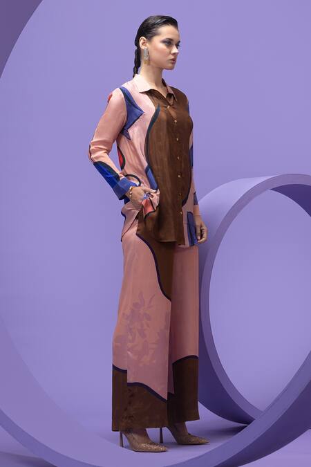 Nautanky_Multi Color Cotton, Crepe Collared Artistic Print Oversized Shirt And Pant Set _at_Aza_Fashions