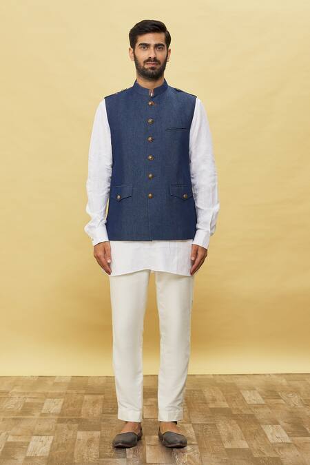 Aqube By Amber_Blue Denim Bundi With Leather Trims_at_Aza_Fashions