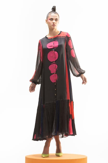 Nautanky_Grey Chiffon Lace Round Neck Gathered Dress _at_Aza_Fashions