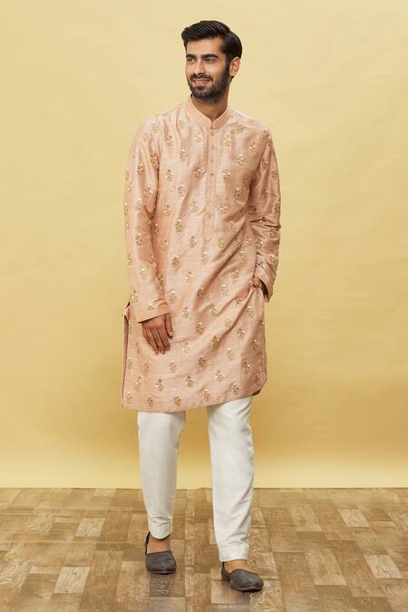Shop_Aqube By Amber_Pink Raw Silk Embroidery Cord And Resham Floral Kurta_Online_at_Aza_Fashions