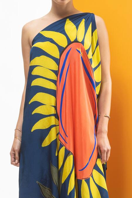 Shop_Nautanky_Multi Color Crepe Asymmetric One Shoulder Printed Draped Dress _Online_at_Aza_Fashions