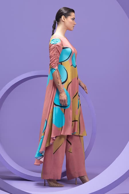Shop_Nautanky_Pink Crepe Boat Neck Artistic Print Tunic And Pant Set _Online_at_Aza_Fashions