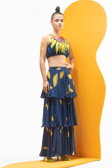 Nautanky_Blue Crepe Round Neck Artistic Print Crop Top And Tiered Skirt Set _at_Aza_Fashions