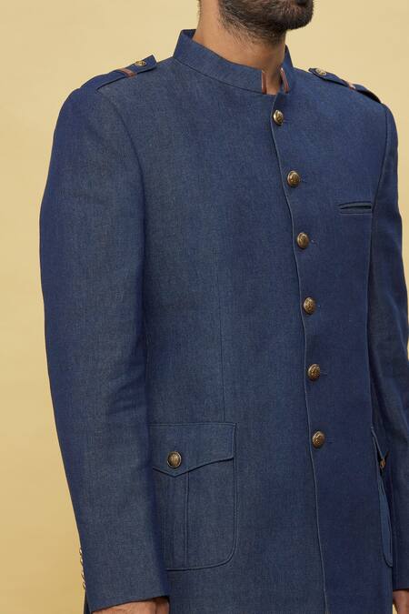 Aqube By Amber_Blue Denim Bandhgala_at_Aza_Fashions