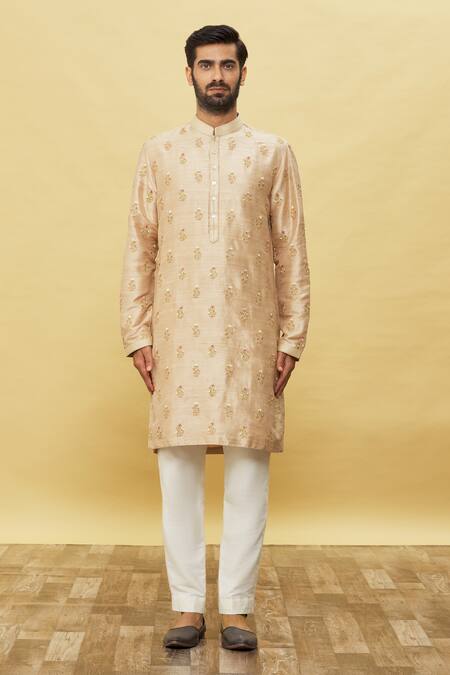 Aqube By Amber_Beige Raw Silk Embroidery Cord And Resham Floral Kurta_at_Aza_Fashions