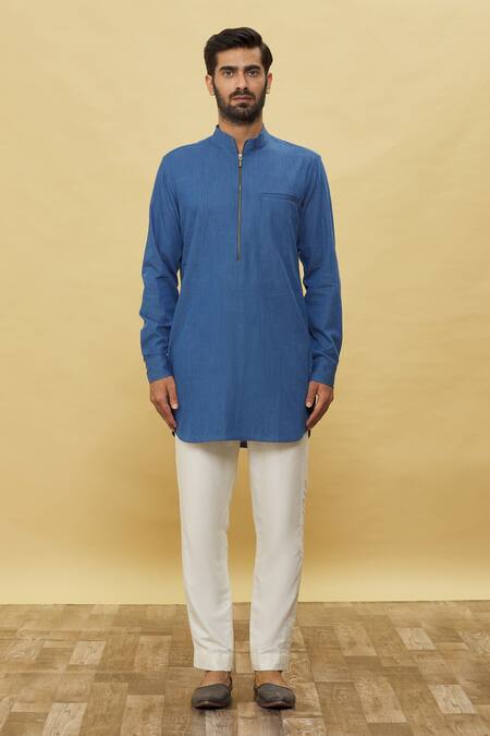 Shop_Aqube By Amber_Blue Denim Collared Kurta_Online_at_Aza_Fashions