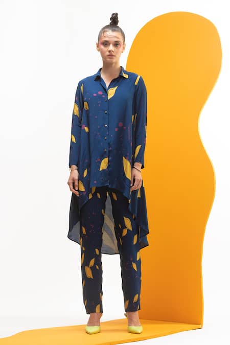 Nautanky_Blue Crepe Collared Asymmetric Shirt And Trouser Set _at_Aza_Fashions