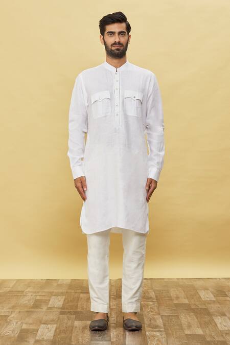 Aqube By Amber_White Linen Pathani Kurta_at_Aza_Fashions