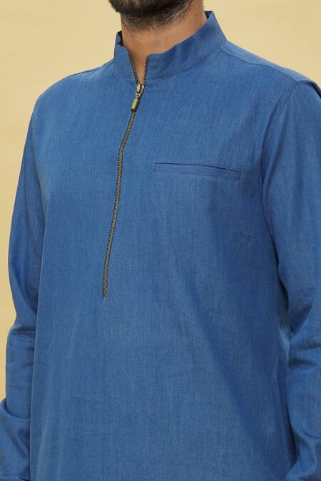 Aqube By Amber_Blue Denim Collared Kurta_at_Aza_Fashions