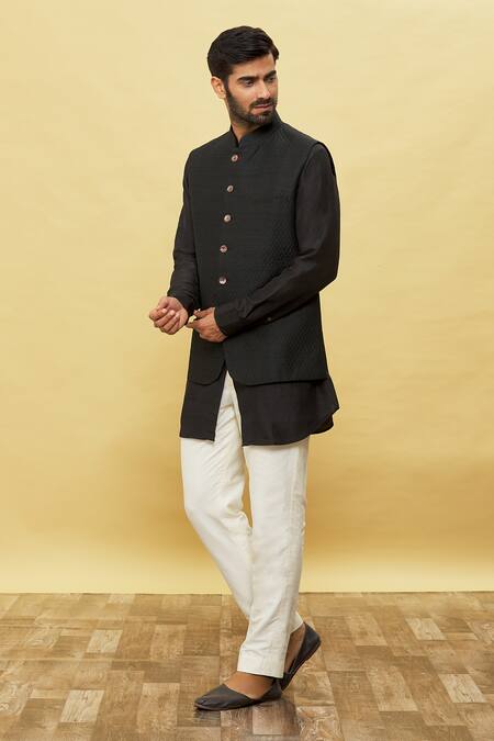 Aqube By Amber_Black Silk Diamond Pattern Bundi_at_Aza_Fashions