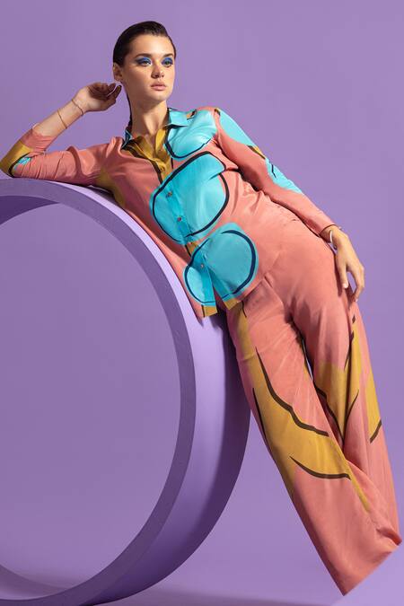 Nautanky_Multi Color Crepe Collared Abstract Print Oversized Shirt And Pant Set _at_Aza_Fashions