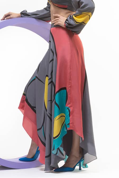 Nautanky_Grey Crepe V-neck Puffed Sleeve Crop Top And Skirt Set _at_Aza_Fashions