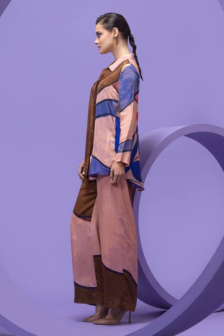 Buy_Nautanky_Multi Color Cotton, Crepe Collared Artistic Print Oversized Shirt And Pant Set 