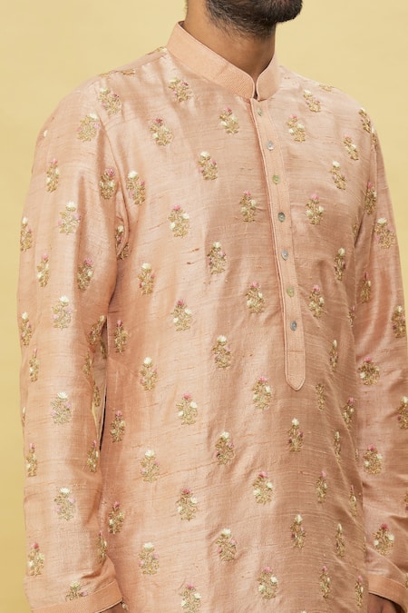 Aqube By Amber_Pink Raw Silk Embroidery Cord And Resham Floral Kurta_at_Aza_Fashions