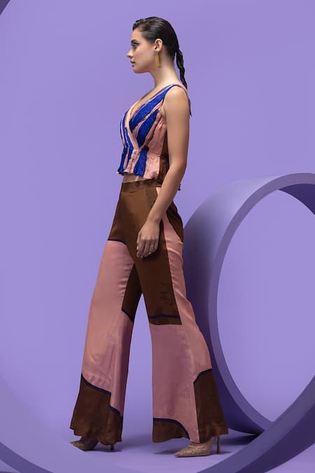 Nautanky_Multi Color Chiffon, Crepe V-neck Artistic Print Crop Top And Pant Set _at_Aza_Fashions