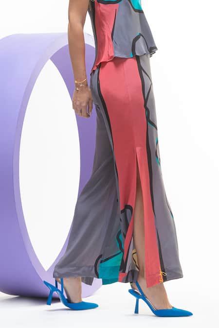 Nautanky_Grey Natural Crepe Printed Artistic Cowl Neck Camy Top And Slit Pant Set _at_Aza_Fashions