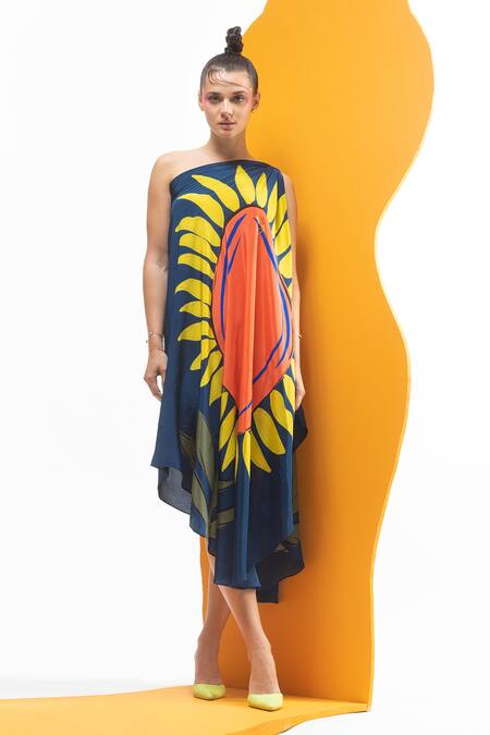 Nautanky_Multi Color Crepe Asymmetric One Shoulder Printed Draped Dress _at_Aza_Fashions