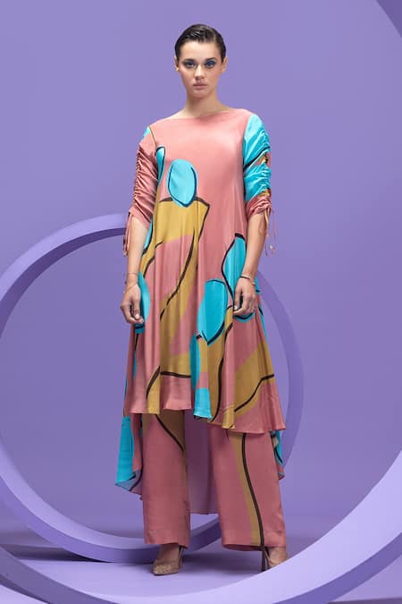 Nautanky_Pink Crepe Boat Neck Artistic Print Tunic And Pant Set _at_Aza_Fashions