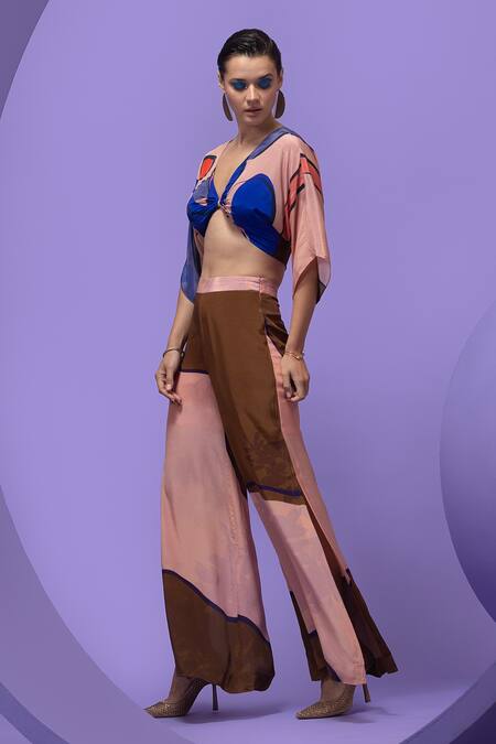 Buy_Nautanky_Multi Color Crepe V-neck Artistic Print Boxy Crop Top And Pant Set 