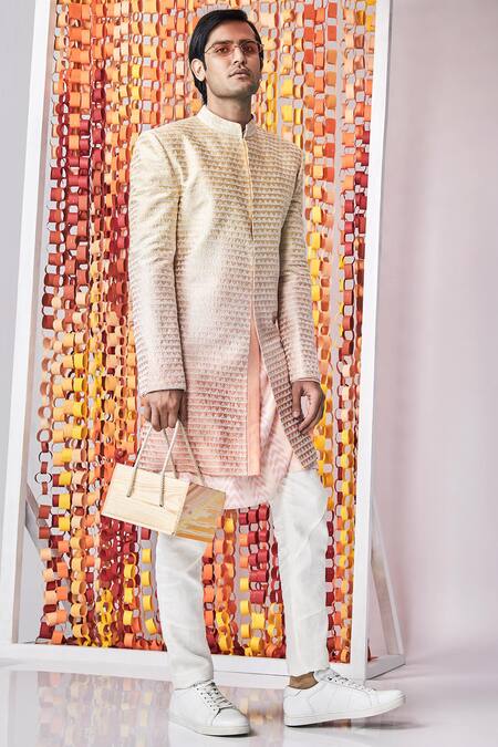 Shop_Bubber Couture_Multi Color Chaniya Silk Sherwani Set _at_Aza_Fashions