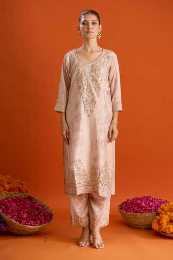 Buy Samyukta Singhania Pink Silk Round Neck Embroidered Kurta Set Online at Aza Fashions Buy_Samyukta Singhania_Pink Silk Round Neck Embroidered Kurta Set _Online_at_Aza_Fashions