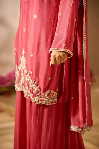 Samyukta Singhania Red Chinon Round Neck Embroidered Kurta Sharara Set at Aza Fashions Samyukta Singhania_Red Chinon Round Neck Embroidered Kurta Sharara Set _at_Aza_Fashions