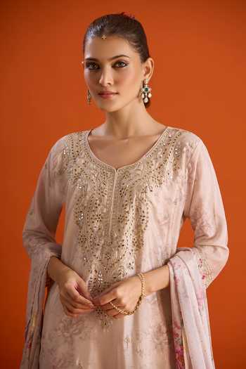 Shop Samyukta Singhania Pink Silk Round Neck Embroidered Kurta Set Online at Aza Fashions Shop_Samyukta Singhania_Pink Silk Round Neck Embroidered Kurta Set _Online_at_Aza_Fashions