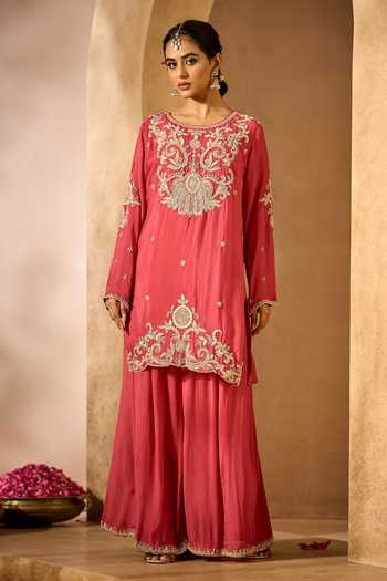 Buy Samyukta Singhania Red Chinon Round Neck Embroidered Kurta Sharara Set Online at Aza Fashions Buy_Samyukta Singhania_Red Chinon Round Neck Embroidered Kurta Sharara Set _Online_at_Aza_Fashions