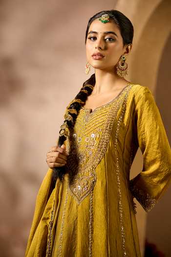Shop Samyukta Singhania Yellow Silk Embroidery V-neck Kurta Palazzo Set Shop_Samyukta Singhania_Yellow Silk Embroidery V-neck Kurta Palazzo Set