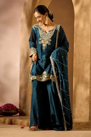 Buy_Samyukta Singhania_Blue Georgette Round Neck, Yes Embroidered Kurta Sharara Set _Online_at_Aza_Fashions