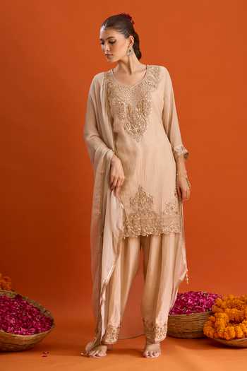 Shop_Samyukta Singhania_Beige Silk V-neck Embroidered Kurta Salwar Set 
