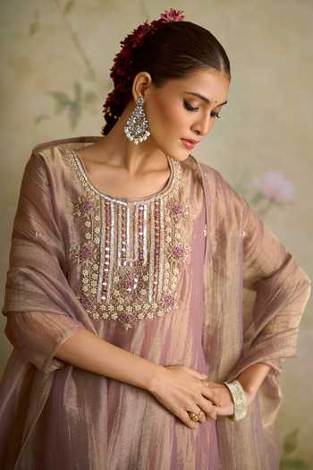 Samyukta Singhania Pink Tissue Round Neck Embroidered Kurta Set at Aza Fashions Samyukta Singhania_Pink Tissue Round Neck Embroidered Kurta Set _at_Aza_Fashions