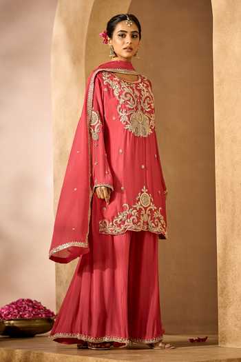 Samyukta Singhania Red Chinon Round Neck Embroidered Kurta Sharara Set Online at Aza Fashions Samyukta Singhania_Red Chinon Round Neck Embroidered Kurta Sharara Set _Online_at_Aza_Fashions