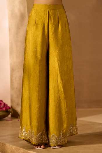 Buy Samyukta Singhania Yellow Silk Embroidery V-neck Kurta Palazzo Set Online at Aza Fashions Buy_Samyukta Singhania_Yellow Silk Embroidery V-neck Kurta Palazzo Set _Online_at_Aza_Fashions