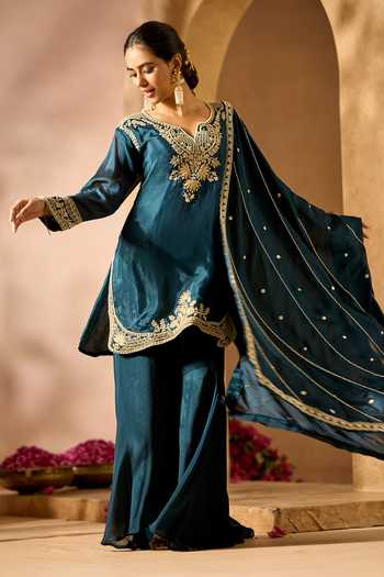 Shop_Samyukta Singhania_Blue Georgette Round Neck, Yes Embroidered Kurta Sharara Set _Online_at_Aza_Fashions