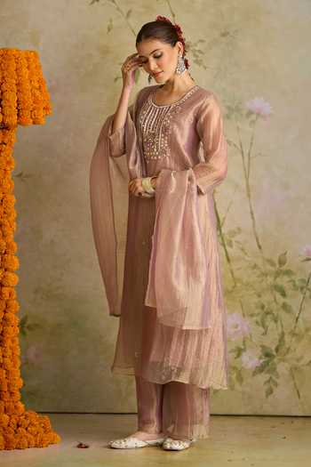 Buy Samyukta Singhania Pink Tissue Round Neck Embroidered Kurta Set Buy_Samyukta Singhania_Pink Tissue Round Neck Embroidered Kurta Set
