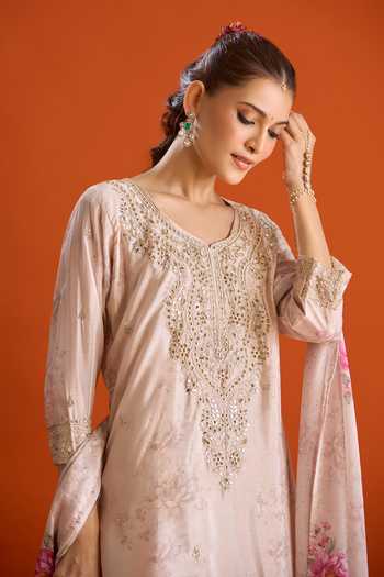 Shop Samyukta Singhania Pink Silk Round Neck Embroidered Kurta Set Shop_Samyukta Singhania_Pink Silk Round Neck Embroidered Kurta Set
