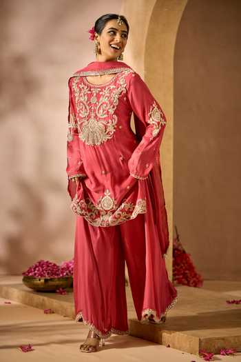 Shop Samyukta Singhania Red Chinon Round Neck Embroidered Kurta Sharara Set Online at Aza Fashions Shop_Samyukta Singhania_Red Chinon Round Neck Embroidered Kurta Sharara Set _Online_at_Aza_Fashions