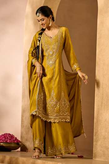 Buy Samyukta Singhania Yellow Silk Embroidery V-neck Kurta Palazzo Set Buy_Samyukta Singhania_Yellow Silk Embroidery V-neck Kurta Palazzo Set