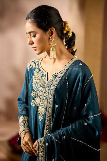 Buy_Samyukta Singhania_Blue Georgette Round Neck, Yes Embroidered Kurta Sharara Set 