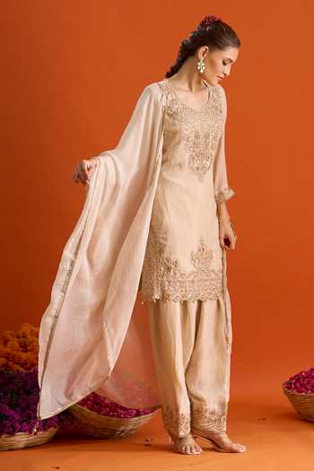Shop_Samyukta Singhania_Beige Silk V-neck Embroidered Kurta Salwar Set _Online_at_Aza_Fashions